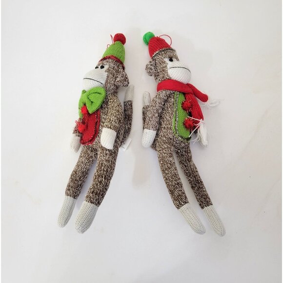 Sock Monkey Ornaments With Red and Green Christmas Hats & Scarves, Set of Two - Picture 4 of 5